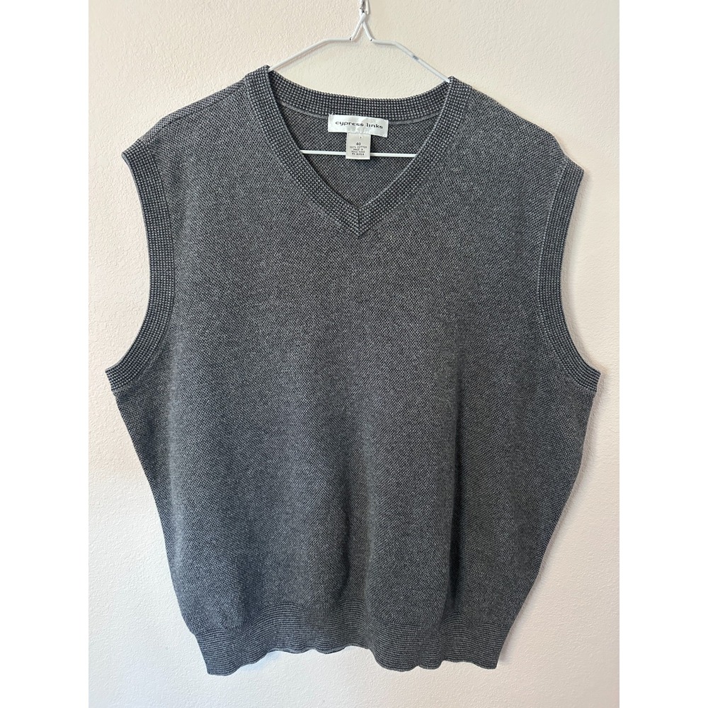 Cypress Links Sweater Vest 40 Grey V-Neck 100% Cotton Knit Sleeveless layering
